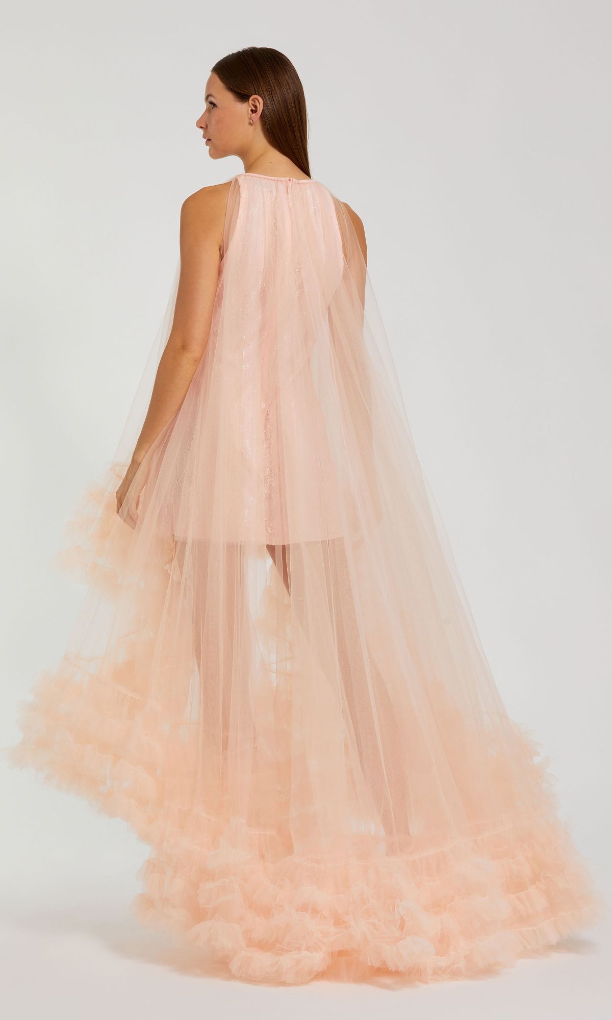 A woman faces away against a plain light background, wearing the High-Low Trapeze Formal Dress: Mac Duggal 68252—a sleeveless, pale pink sheer tulle gown featuring a high-low hem and long ruffled train.